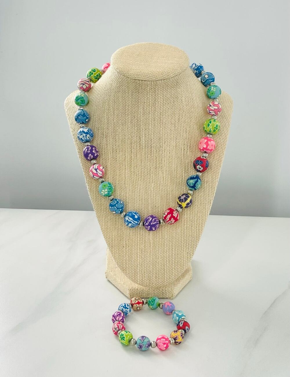 Never Worn Polymer Clay Bead Jewelry Set Necklace & Stretch Bracelet Set